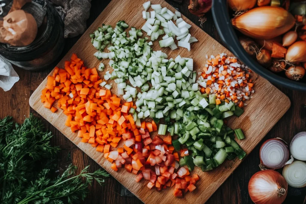 Ingredients for a chopt soup recipe on a wooden board.